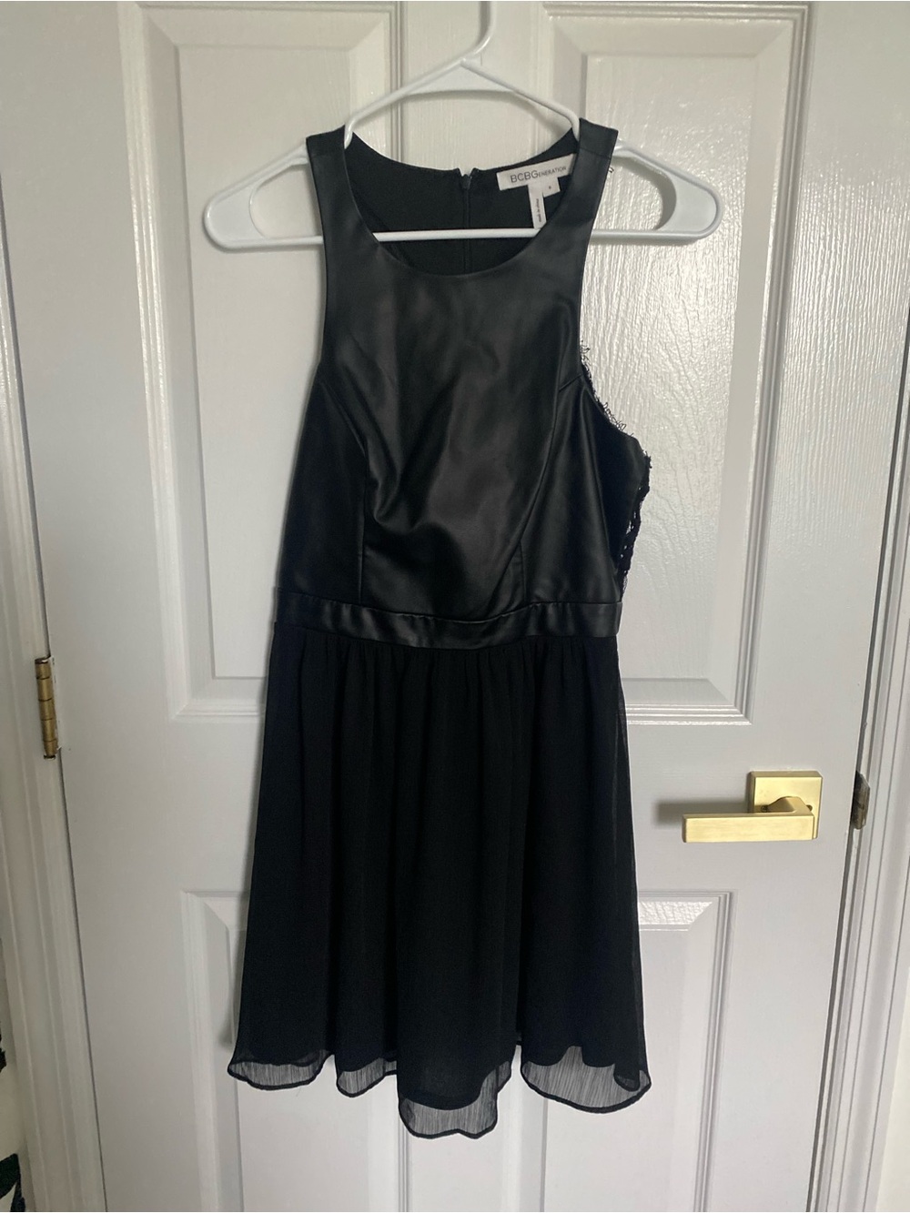 BCBGeneration Black Faux-Leather Bodice Chiffon Mini Dress